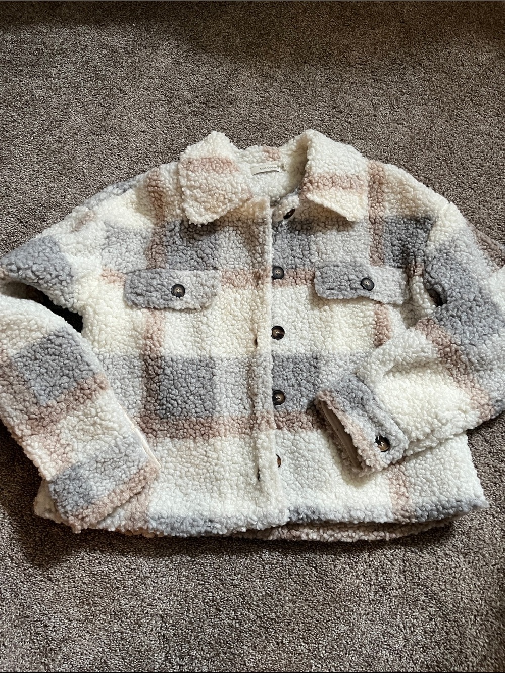 Goddess Plush Plaid Sherpa Jacket - Cream, Gray & Brown Women’s Medium.